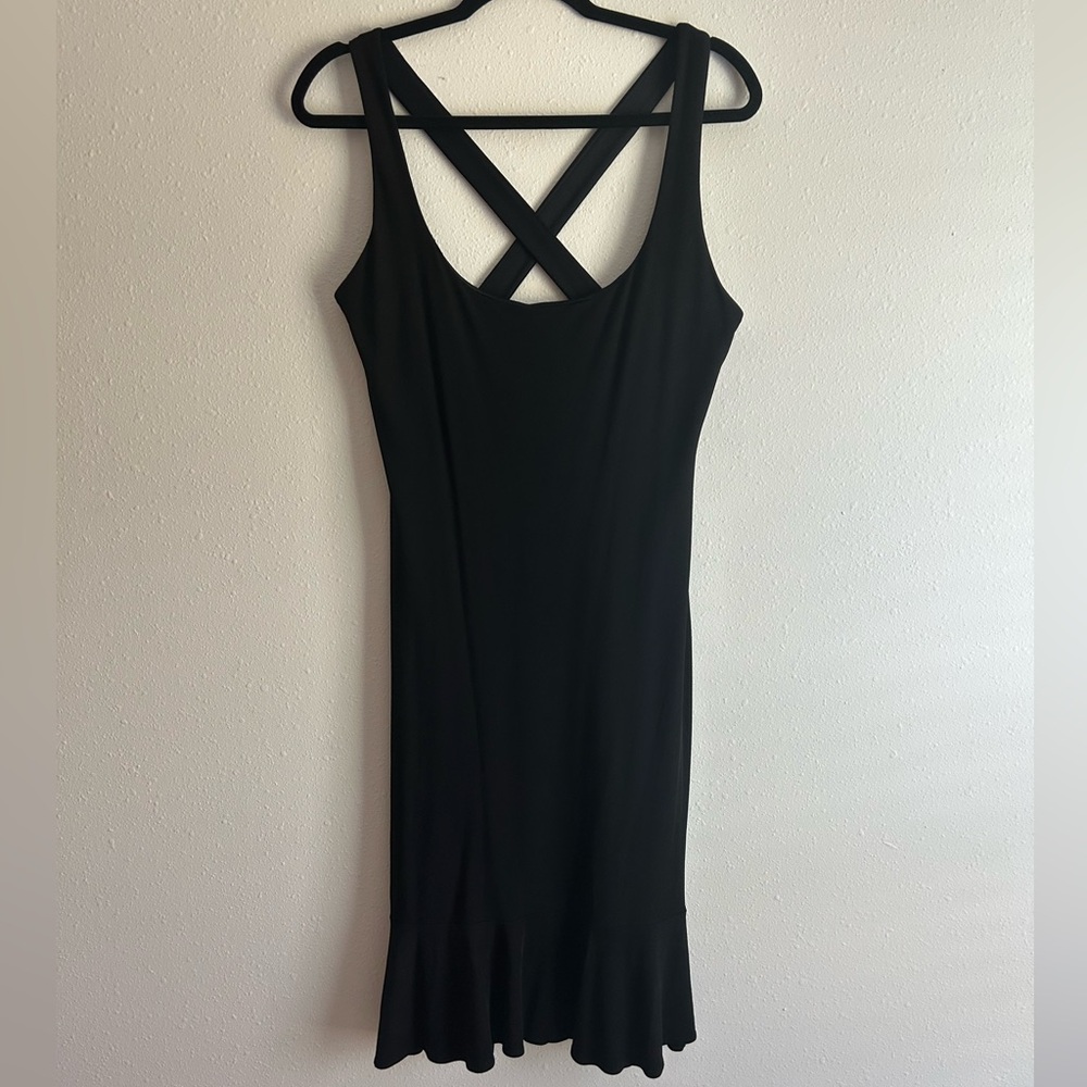 VTG Laundry Shelli Segal Black Midi Dress Size 12/L 90s Y2K Cross Back Romantic